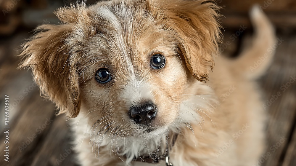 Obraz premium Adorable small fluffy puppy gazes upward with captivating bright blue eyes