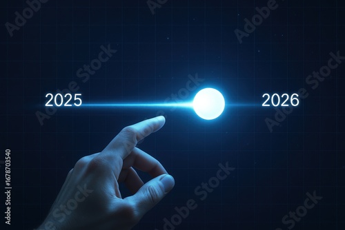 A hand points towards the future, highlighting the years 2025 and 2026, creating a futuristic and technological timeline.