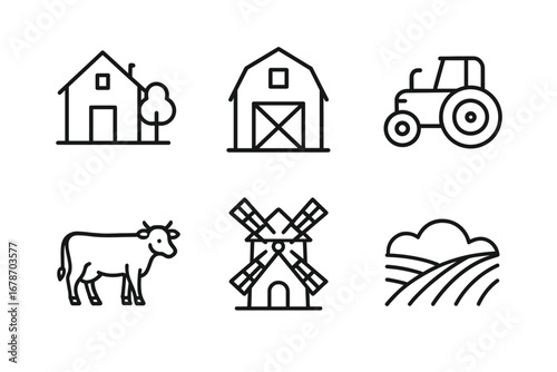 Minimalist farm icons: barn, tractor, cow, windmill, field, house