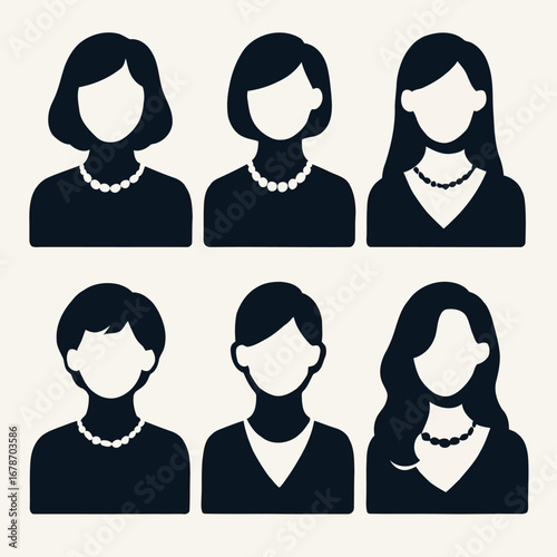 Set of female avatar icons with various hairstyles and necklaces. User profile silhouette collection.
