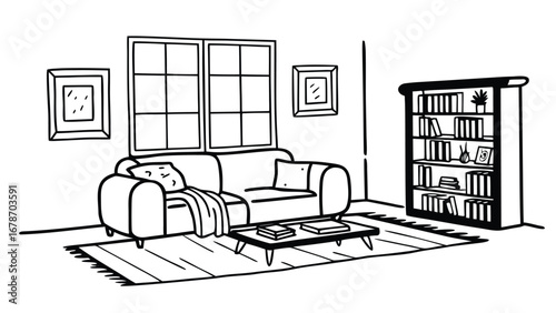 Cozy living room interior design sketch with natural light and furniture