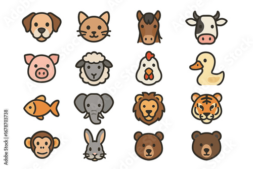 Cute animal face icons set with dog, cat, horse, cow, pig, sheep, chicken, duck, fish, elephant, lion, tiger, monkey, rabbit, bear