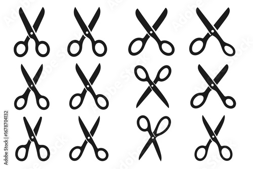 Collection of black scissor icons in various orientations and styles