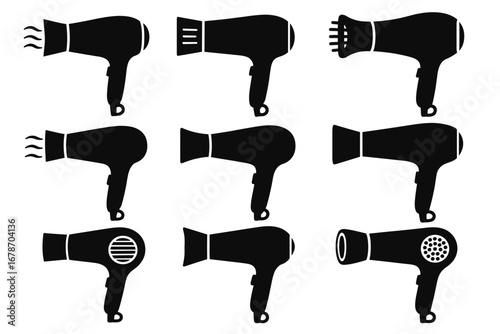 Collection of nine silhouetted hair dryers with various attachments