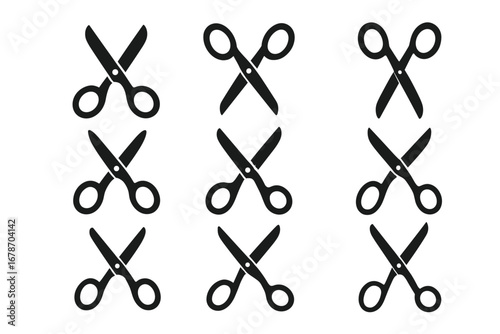 Set of black scissors icons in various orientations on white background