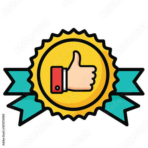 Vector illustration of a a golden badge with a thumbs up symbol and teal ribbons, representing approval or quality