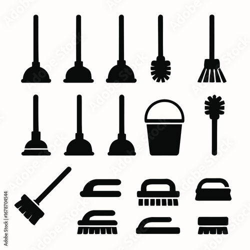 Essential Cleaning Tools Collection Black Silhouette Icons