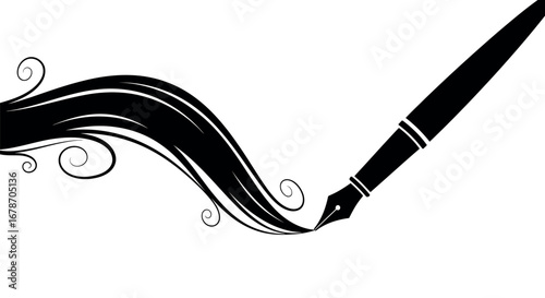 Fountain pen drawing a decorative ink line with swirls vector line art