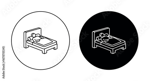 Simple bed icon in white and black circles vector silhouette.