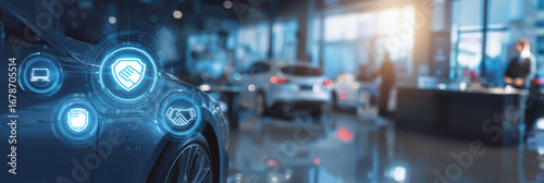 Futuristic car dealership with digital icons representing auto insurance, contracts, and data protection, highlighting smart technology and modern vehicle service solutions. Selective focus.