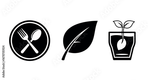 Set of three icons cutlery, leaf, and plant growing in water, vector silhouette.