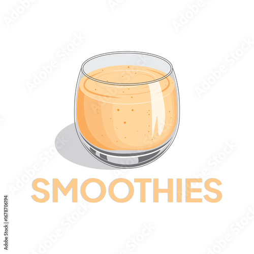 Illustration smoothies in a glass cup. Summer drinks. Cup of fruity organic shake. Fruit cocktail. Vector illustration. Smoothie Strawberry, Blueberries, Orange, Mango, Coffee and Grape.
