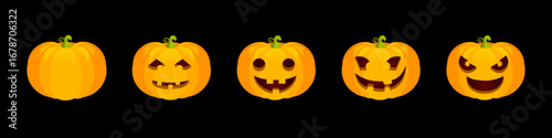 Halloween pumpkin faces collection. Set of carved pumpkins with different spooky, funny and scary expressions for autumn holiday decoration and party design. Cartoon vector illustration.