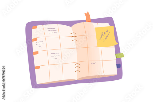Open planner with sticky note. Flat vector illustration of purple bound organizer with calendar pages, orange and green tabs, and yellow memo note. Productivity, schedule planning, office work.
