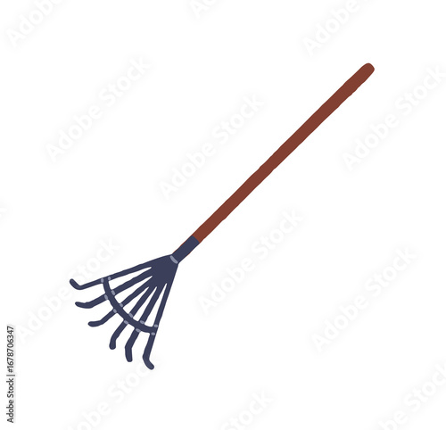 Leaf rake icon. Raker. Garden tool with wooden handle for picking up grass and weeds. Landscaping instrument for working on farm. Flat isolated hand drawn vector illustration on white background