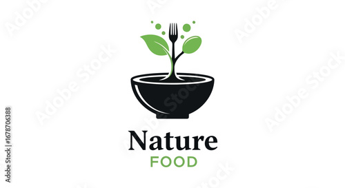 Nature food logo with a plant growing in a bowl with a fork vector line art