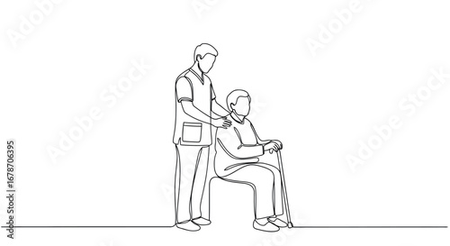 Caregiver assisting an elderly person in a wheelchair vector line art