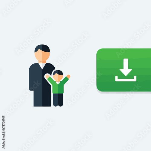 Vector illustration of a father and son standing together with a download button on the right, representing family and digital content