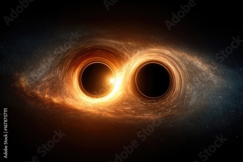 Two black holes in a cosmic infinity symbol, swirling with fiery plasma.  Vast expanse of space filled with stardust
