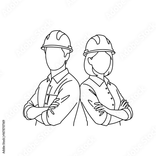 Two construction workers in hard hats with arms crossed vector line art