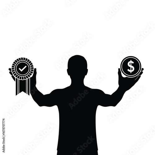 Vector illustration of a silhouette of a person holding a medal with a checkmark and a coin with a dollar sign, symbolizing choice between reward and money