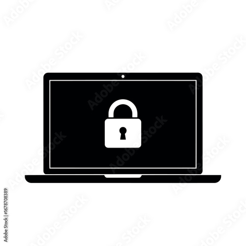 Laptop computer screen with a padlock icon vector silhouette.