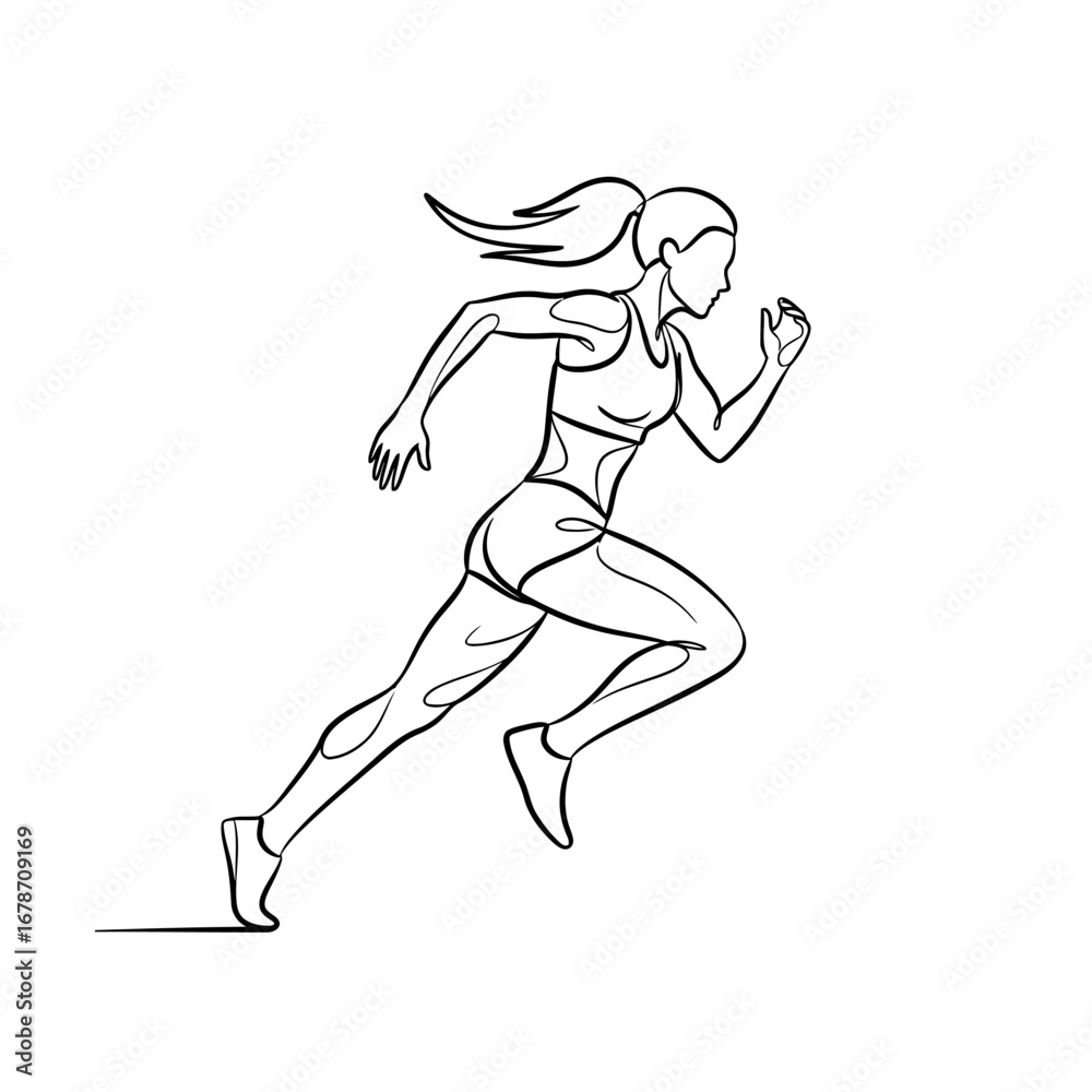 Fototapeta premium Woman running with ponytail, athletic pose, vector line art. out line