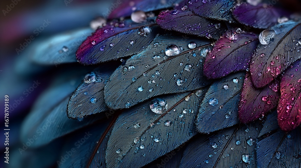 Obraz premium Close-up on vibrant feathers covered in glistening water droplets; gradient from blue to purple