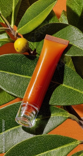 Orange lip balm on green leaves