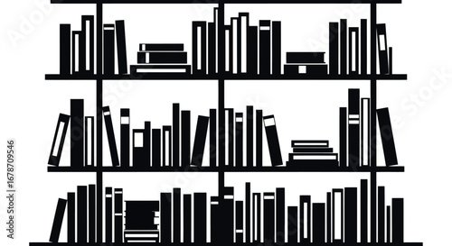 Bookshelf with many books vector silhouette.
