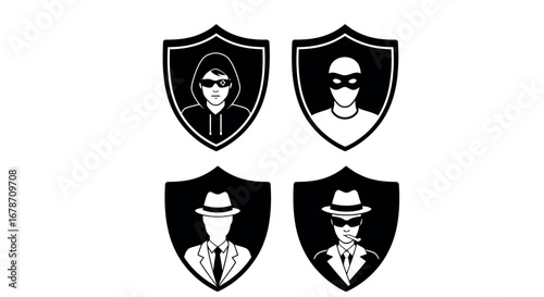 Set of four shield icons with criminal silhouettes vector .