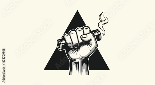 Powerful fist grips vaping device emitting stylized smoke against a bold triangle background