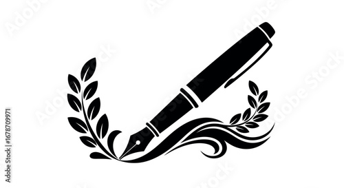 Fountain pen with laurel wreath vector silhouette.