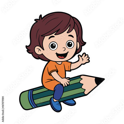 Cheerful cartoon boy riding a giant pencil isolated on white background vector illustration. Cute kid waving hand, wearing orange shirt and blue shoes, perfect for education, school, or kids' artwork.