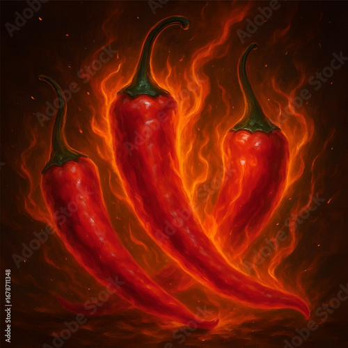 Chili pepper in flame fiery hot spice oil painting artwork