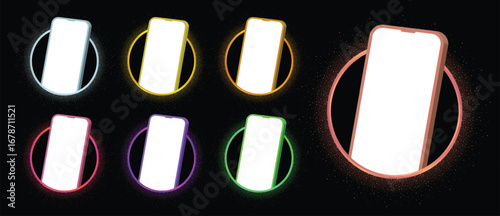 Neon Glow Smartphone Mockup Set – Colorful Cosmic Ring Frames with Blank Mobile Screen for App, UI, Web, and Technology Design Templates. Vector.