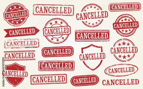 Cancelled Grunge Stamp Set. Collection Of 19 Distressed Red Cancelled Retro Rubber Stamps With A Vintage Grunge Texture. Perfect For Events, Meetings, Cancellations, Notices, Posters. Isolated Vector