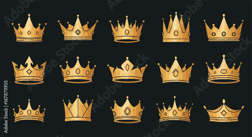 Collection of luxurious golden crowns symbolizing royalty, power, and prestige for regal designs.