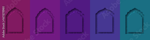 Set of colorful ornamental arches with arabic floral mandala and decorative border, abstract background for Diwali, Ramadan and Eid celebration, festive template with copy space. Vector illustration.