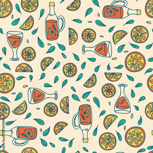 Seamless Doodle Citrus Pattern with Oranges and Drinks in Hand-Drawn Style Bright summer tones of yellow, orange, cream, and mint create a cheerful and fresh look. Perfect for kitchen textiles 