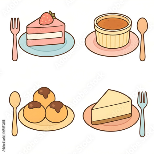 Cartoon Desserts Illustration – Strawberry Cake, Crème Brûlée, Cream Puffs, Cheesecake on Plates