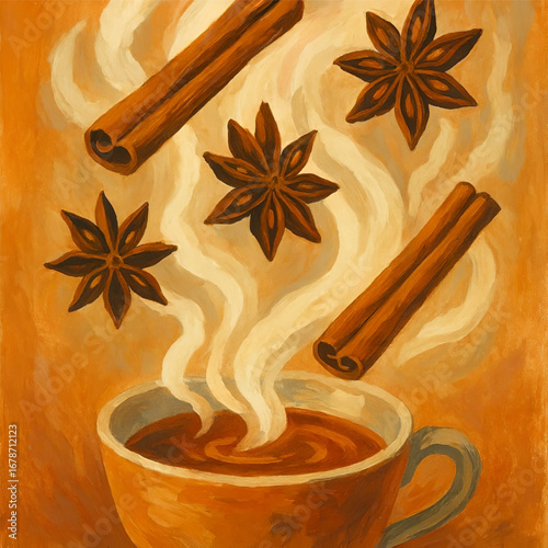 Hot beverage with cinnamon and star anise warm drink illustration painting