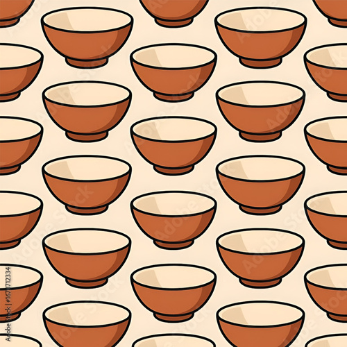 Seamless Bowl Pattern Illustration – Brown and Beige Kitchenware Design in Rows