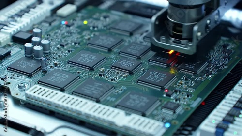 Detailed Close up Production of Deep Learning Weather Model Featuring Intricate Computer Circuit Board and Robotic Arm in Action Perfect for Illustrating Advanced Technology and Automation