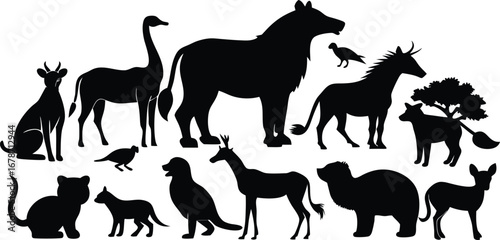 Diverse collection of wildlife animal silhouettes scalable vector illustration for design silhouette