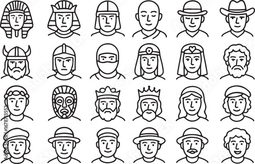 Collection of diverse hand drawn cartoon style portraits featuring various historical figures and professions wearing distinctive headwear