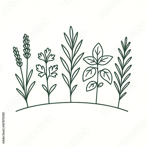 Line art drawing of herb sprig including lavender parsley rosemary and basil illustration