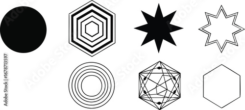 Collection of geometric shapes: circles, hexagons, stars, and complex polygons in black and white.
