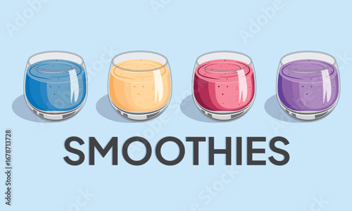 mango, strawberry, grape and blueberry smoothies. Illustration smoothies in a glass cup. Summer drinks. Cup of fruity organic shake. Fruit cocktail. Vector illustration.