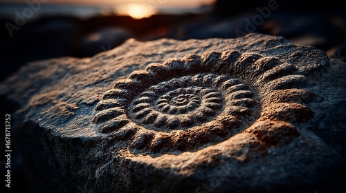 Fossil imprint on weathered stone, sunset backdrop, spiral pattern, nature's artistry, textured rock